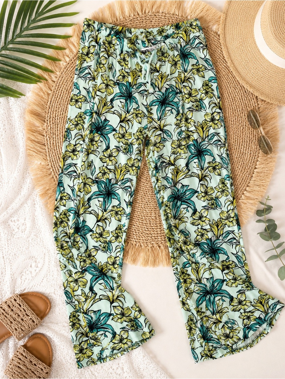 Beach Riot Tropical Floral Drawstring Lounge Beach Pants XXL Mint Green Rayon